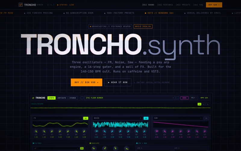 צילום מסך של אתר TRONCHO Synth שבנינו